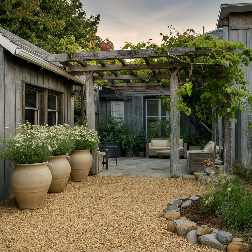 A rustic low-maintenance backyard with a gravel courtyard, native wildflowers in large ceramic pots, a weathered wooden pergola with climbing vines, and a small, easy-to-care-for rock garden.