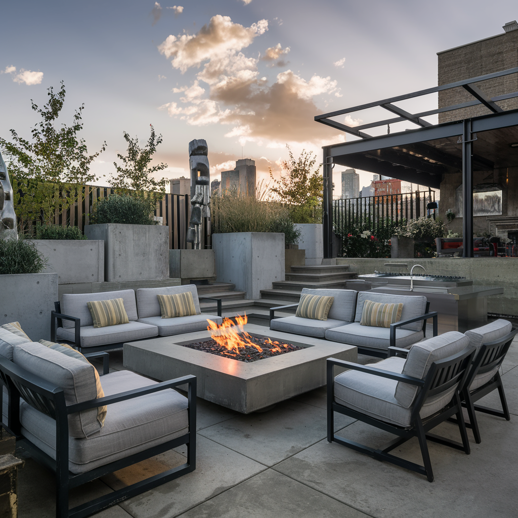 Urban Retreat: Create an image of a sleek and stylish urban retreat backyard patio, with a built-in fire pit, contemporary lounge furniture, and industrial-inspired decor like concrete planters and metal sculptures.