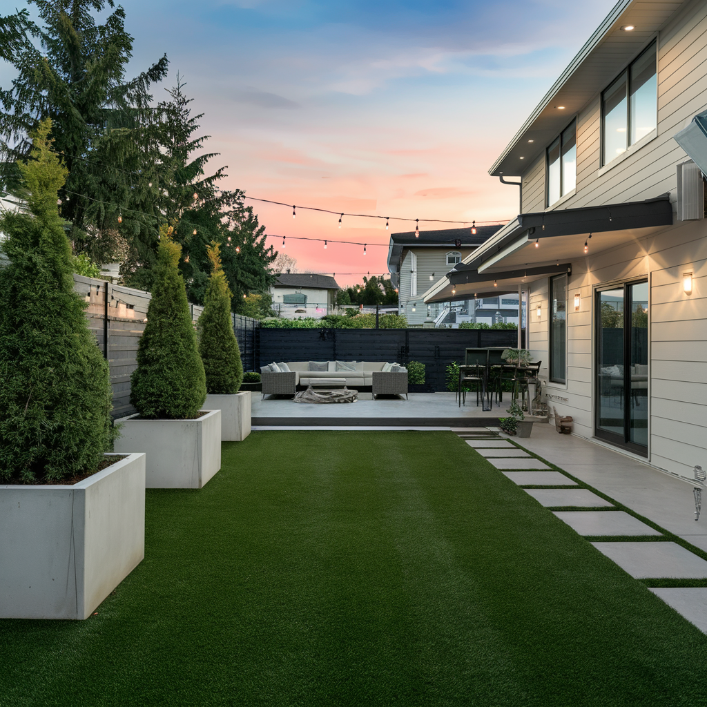 A modern low-maintenance backyard with artificial turf for a lush green lawn, a few strategically placed large planters with evergreen shrubs, and a sleek patio area with outdoor furniture and string lights.