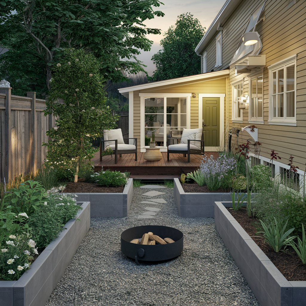 A cozy, low-maintenance backyard garden with raised planter beds filled with perennial herbs and flowers, a small wooden deck with comfortable seating, and a simple fire pit area with surrounding gravel.