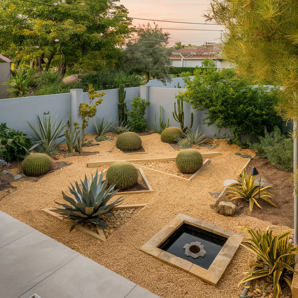 A low-maintenance backyard with a minimalist design featuring drought-resistant plants like succulents and cacti arranged in geometric patterns, gravel pathways, and a small stone water feature surrounded by decorative pebbles.