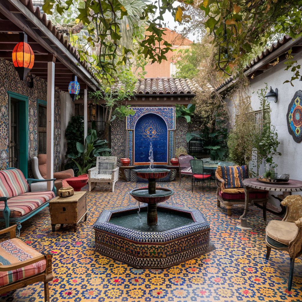 Eclectic Oasis: Create an image of an eclectic oasis backyard patio, blending various cultural influences with colorful mosaic tiles, mismatched vintage furniture, Moroccan lanterns, and a central tiled fountain., photo