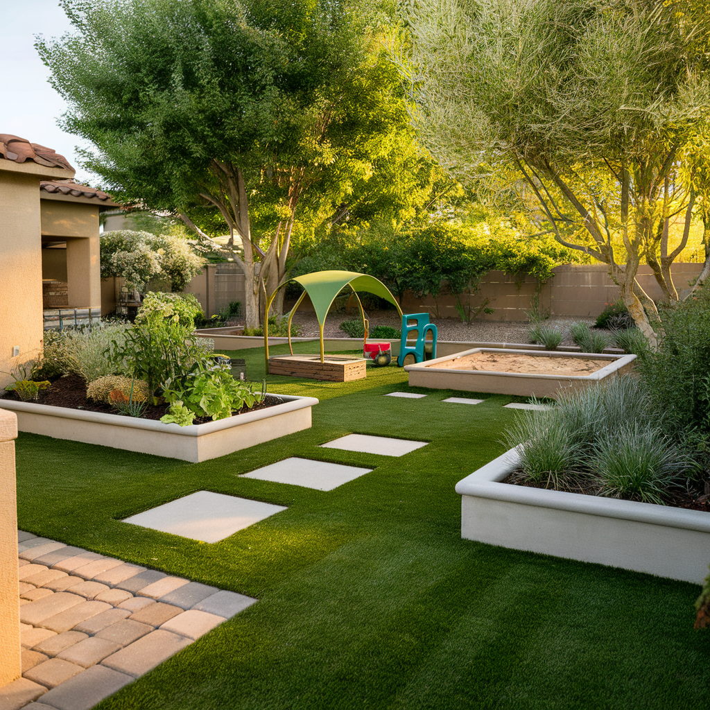 A family-friendly low-maintenance backyard with a mix of artificial grass and paving stones, raised flower beds with low-water plants, a small vegetable garden, and a shaded play area with a sandbox.