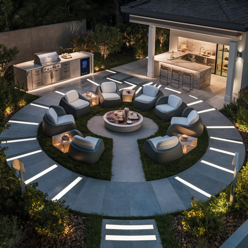 Futuristic Lounge: Create an image of a futuristic lounge backyard patio, with modular seating arrangements, LED-lit pathways, a high-tech outdoor kitchen, and integrated smart lighting controlled by voice commands., photo