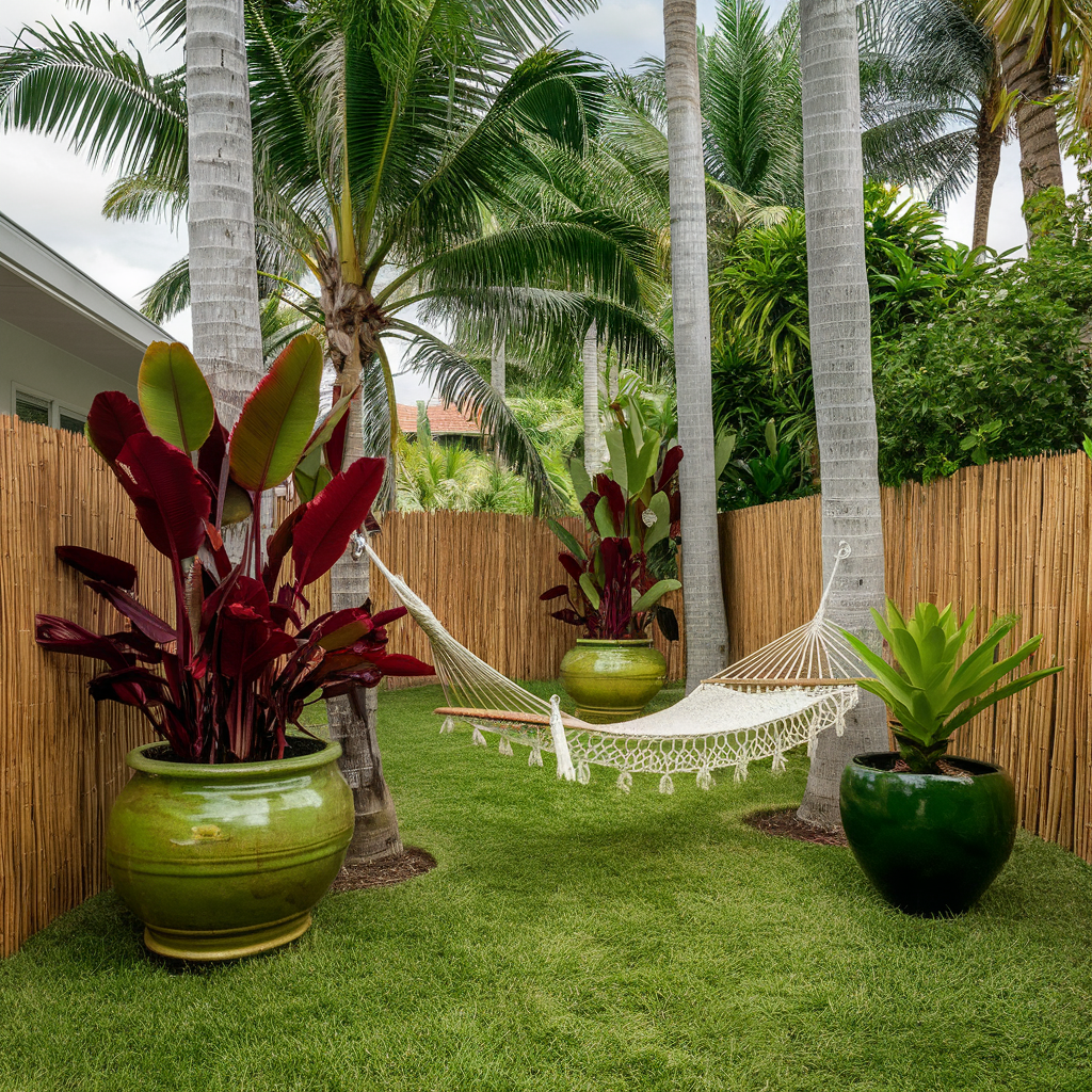 A tropical-inspired low-maintenance backyard featuring hardy palm trees, large potted plants with vibrant foliage, a hammock strung between two trees, and a bamboo privacy fence surrounding the area.