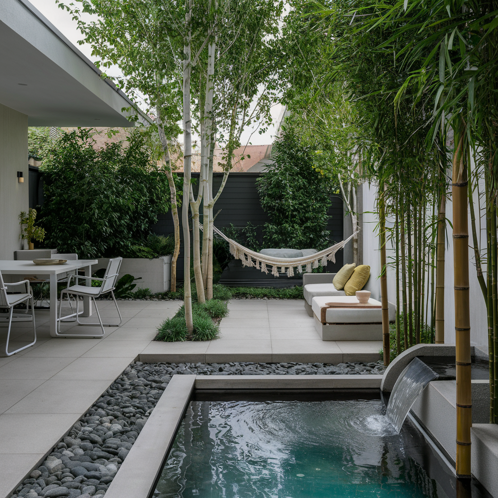 Zen Oasis: Generate an image of a modern backyard patio designed as a tranquil zen oasis, featuring minimalist furniture, a small water feature surrounded by pebbles, and lush greenery with bamboo accents.