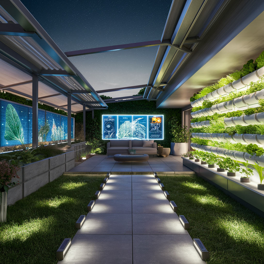 High-tech Garden: Generate an image of a high-tech garden backyard patio, incorporating solar-powered path lights, a hydroponic vegetable garden wall, interactive digital art displays, and a retractable roof for stargazing., photo