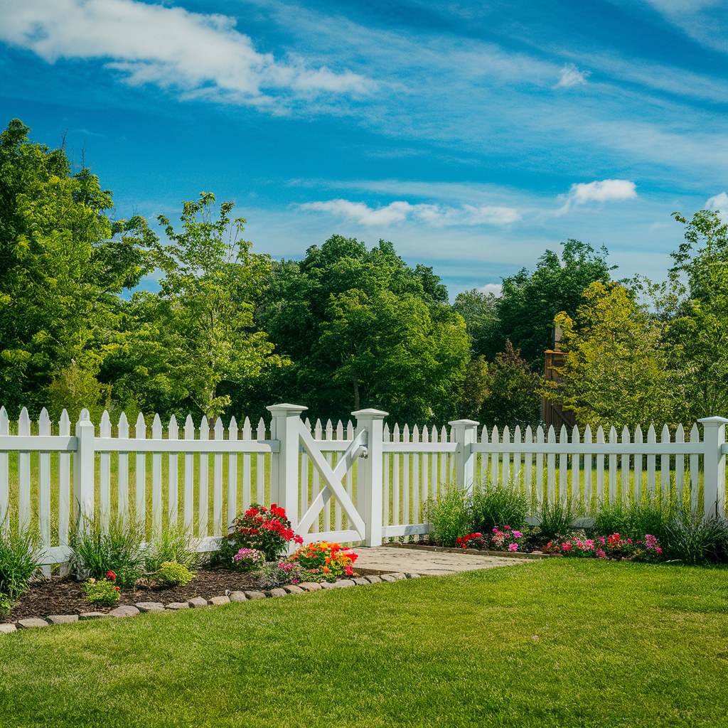 "A beautifully landscaped backyard with a white picket fence, lush green grass, and vibrant flower beds under a clear blue sky."