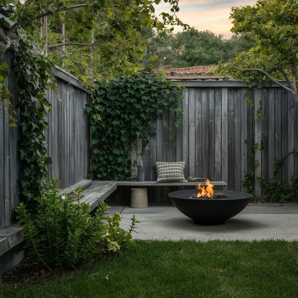 "A rustic backyard featuring a wooden fence with a weathered look, climbing ivy plants, and a cozy fire pit area."