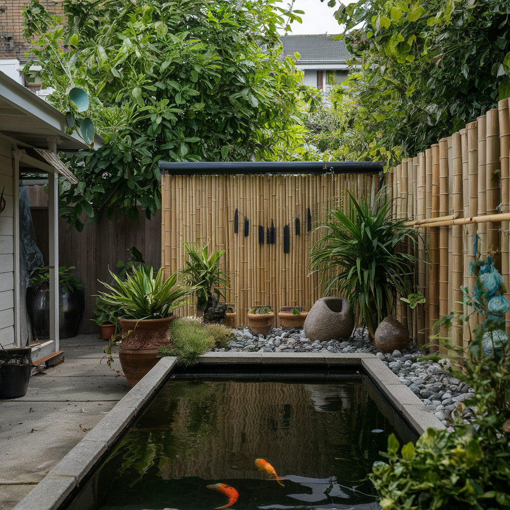 "A serene backyard with a bamboo fence, zen garden elements, a small koi pond, and a variety of potted plants."