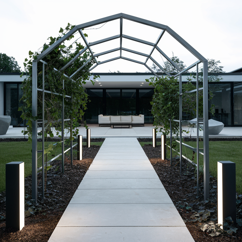 Incorporate a sleek, minimalist arch into a contemporary garden.