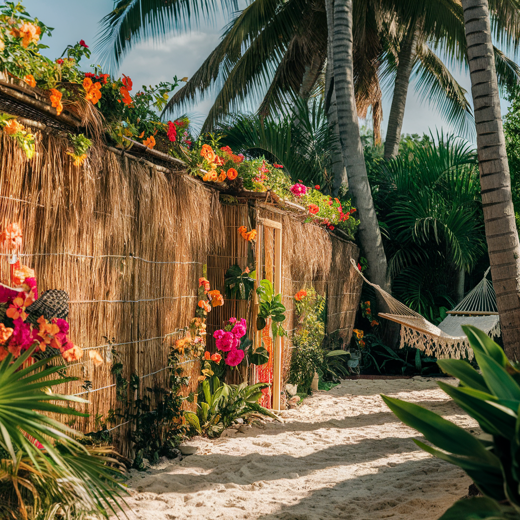 "A tropical-themed backyard with a thatched fence, palm trees, exotic flowers, and a hammock under the shade."